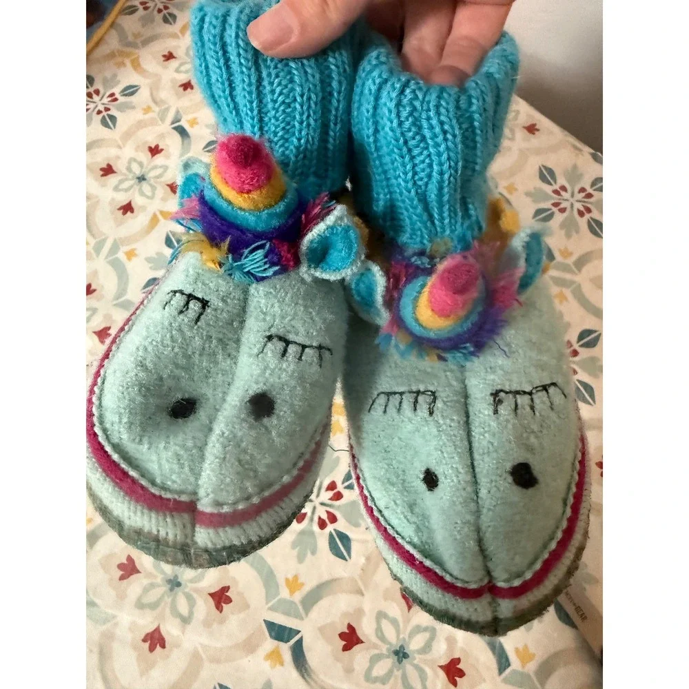 Garnet Hill Kids Wool Unicorn Slippers Mint‎ Blue Bootie Size 2 Made in Ukraine